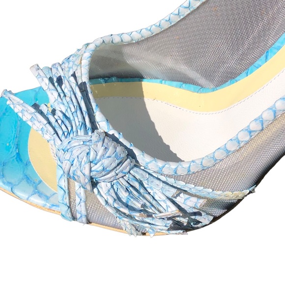 GIVENCHY light blue aqua & white python style high heel open toe with fringe bow - Picture 14 of 16